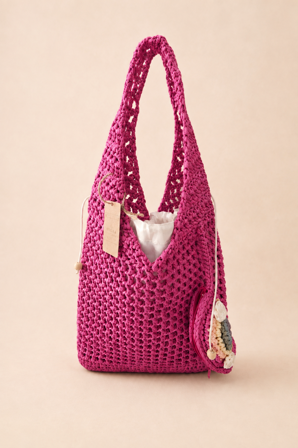 Intérieur doublé du sac rose Bougainvillier de Kabylie en crochet fait main