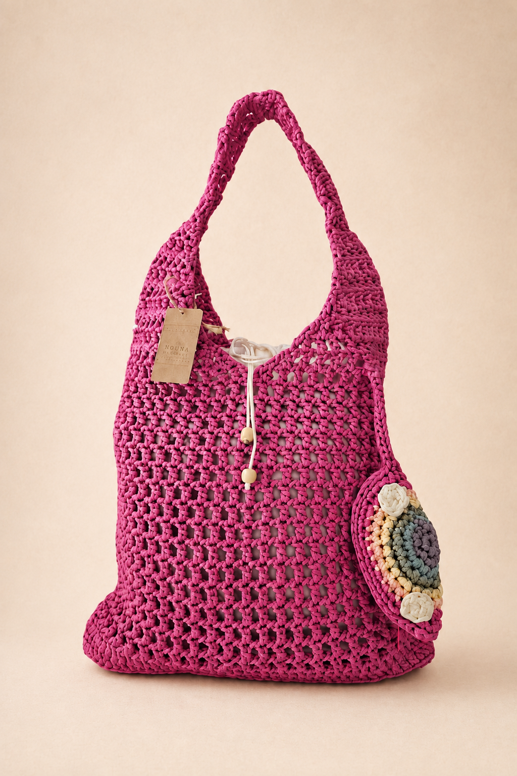 Sac Bougainvillier de Kabylie rose en crochet fait main avec pochette assortie – Nouna Tissages