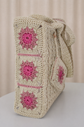 Grand sac en crochet fait main Rosiers de Kabylie couleur écru avec fleurs roses signé Nouna Tissages