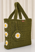 Grand sac en crochet vert forêt fait main avec marguerites blanches et jaunes, inspiré des forêts de Kabylie, création artisanale Nouna Tissages.