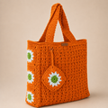 Grand sac en crochet fait main Orangerie de Kabylie couleur orange avec motif marguerite par Nouna Tissages