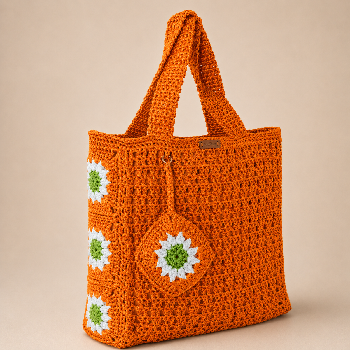 Grand sac en crochet fait main Orangerie de Kabylie couleur orange avec motif marguerite par Nouna Tissages