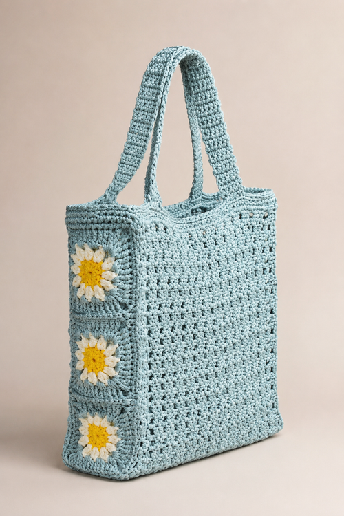 Grand sac en crochet bleu clair fait main Brise de Kabylie avec marguerites blanches et cœur jaune.