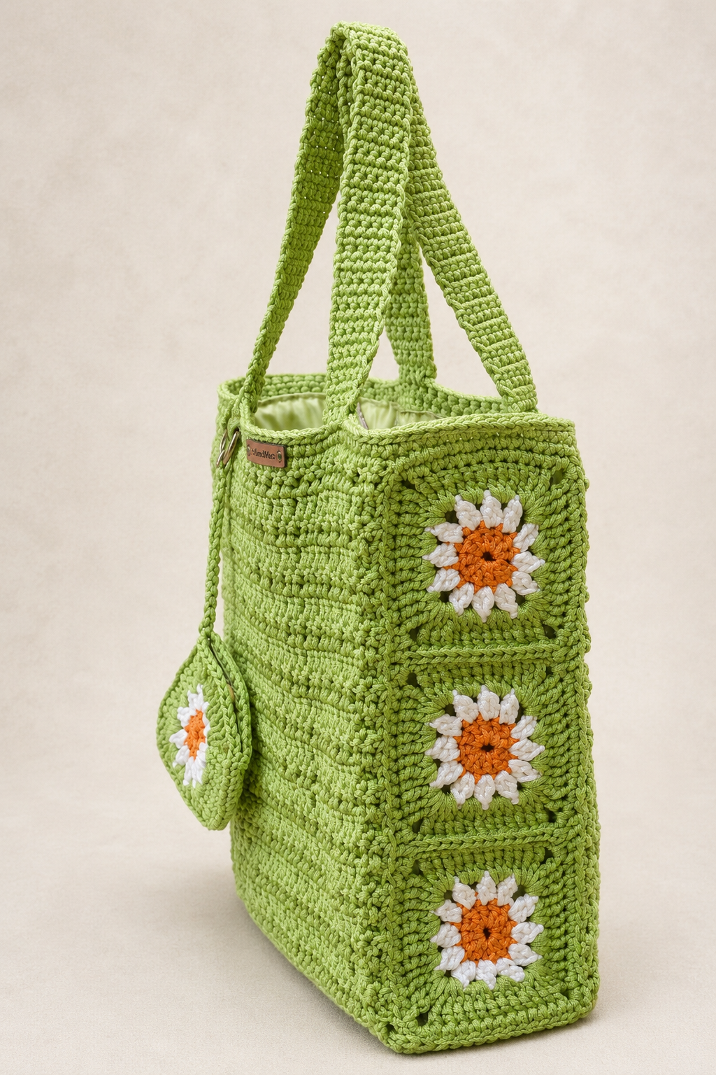 Grand sac en crochet vert citron fait main Citronnier de Kabylie, vue détaillée du motif granny square, création artisanale Nouna Tissages.