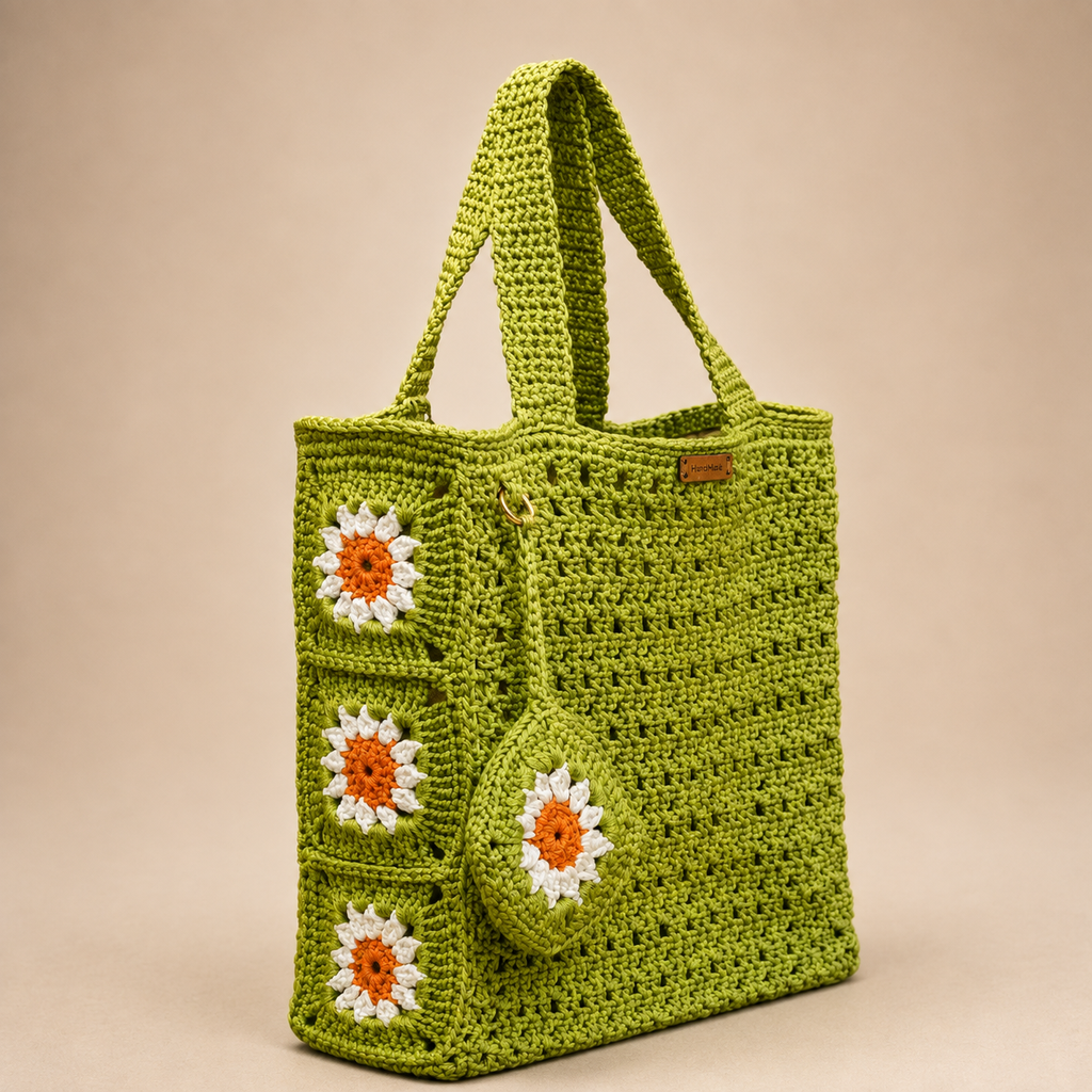 Grand sac en crochet vert citron fait main Citronnier de Kabylie, création artisanale Nouna Tissages.
